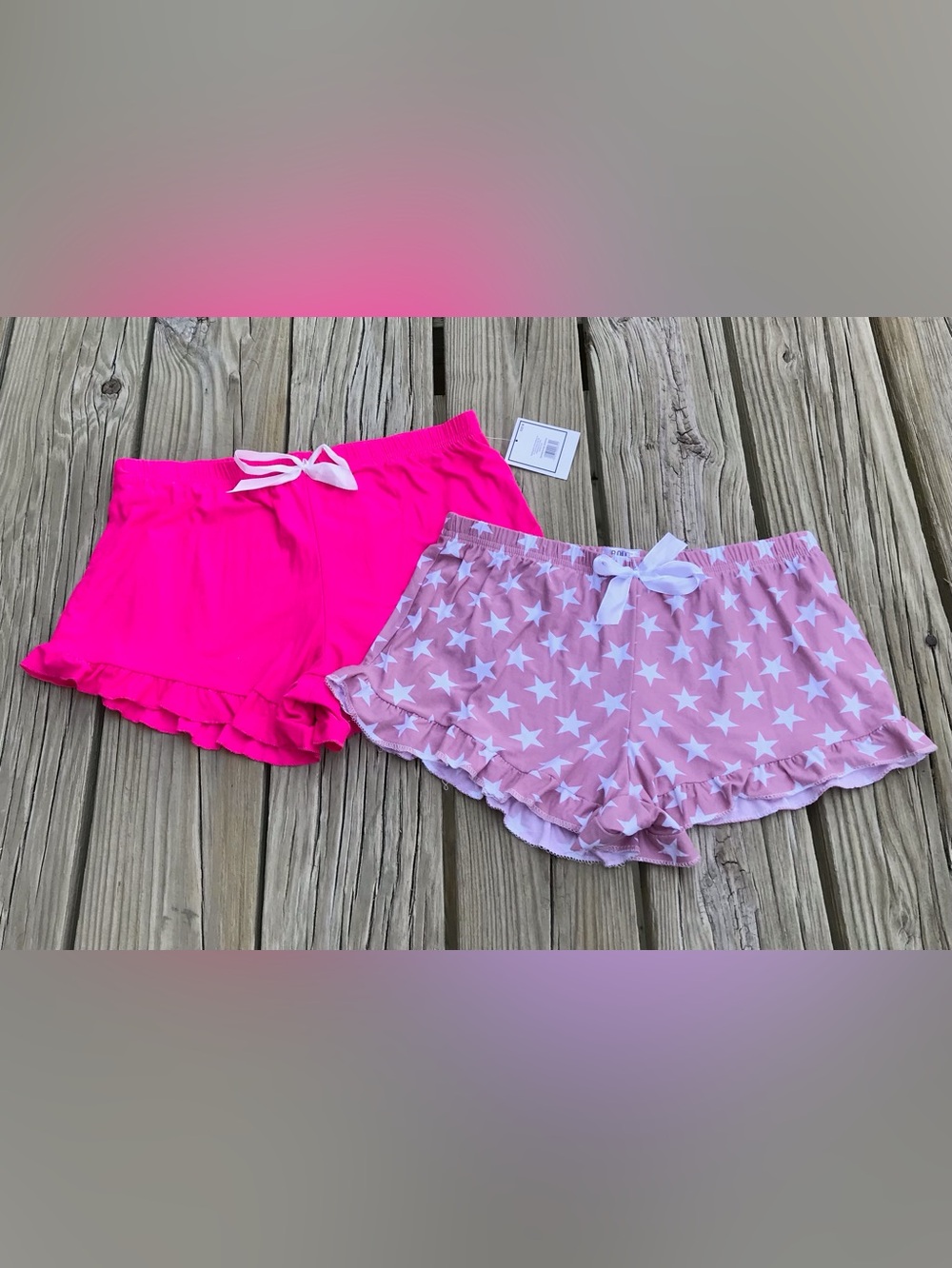 Ladies M Star Print Solid Pink Buttery Soft Ruffle Hem Knit Shorts Lounge Shorts